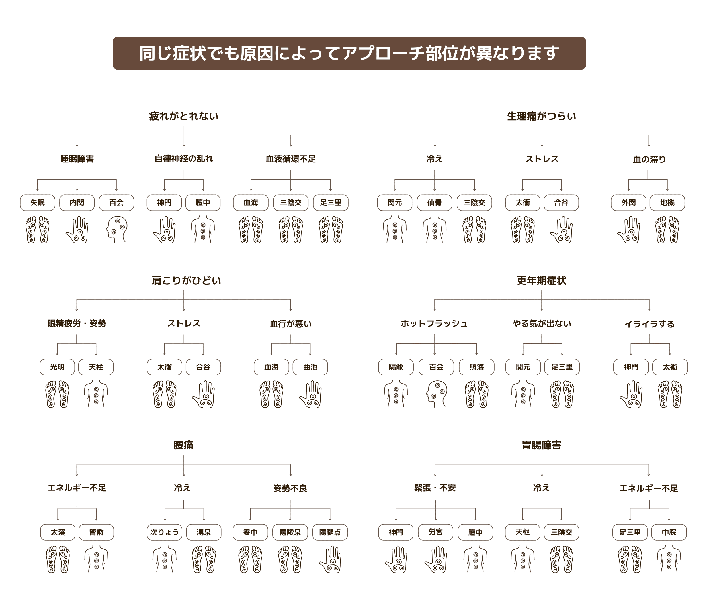 同じ症状でも原因によってアプローチ部位が異なります
